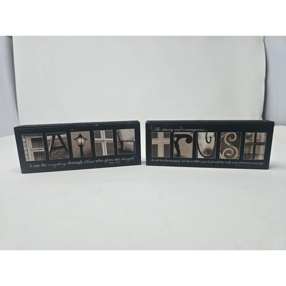 Set of 2 P. Graham Dunn Christian Wood Block Signs – Faith and Trust